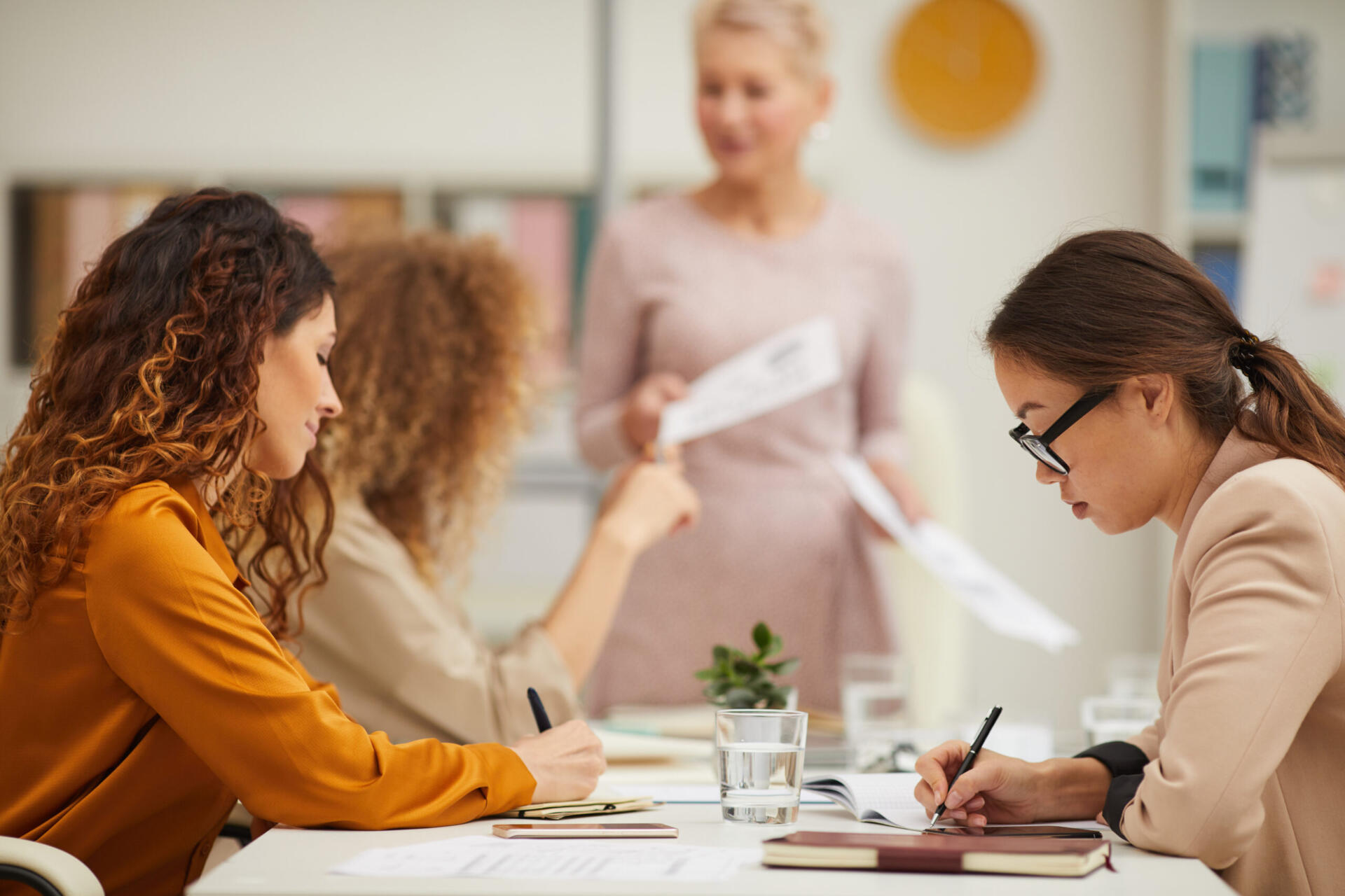 Businesswomen making notes while their middle-aged colleague demonstration her presentation, horizontal eye level shot